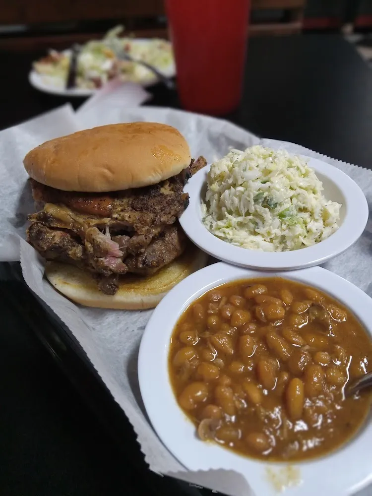 Rib Sandwich with Baked Beans and French Fries